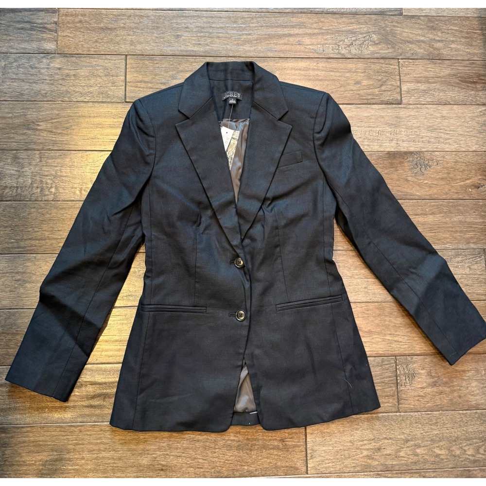 J.Crew Blazer Women 0 Black Linen Blend Two Button Notched Lapel C3638 NEW